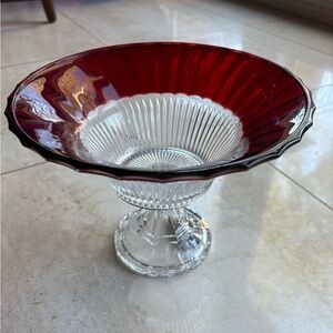 Elegant Red and Clear Glass Pedestal Bowl